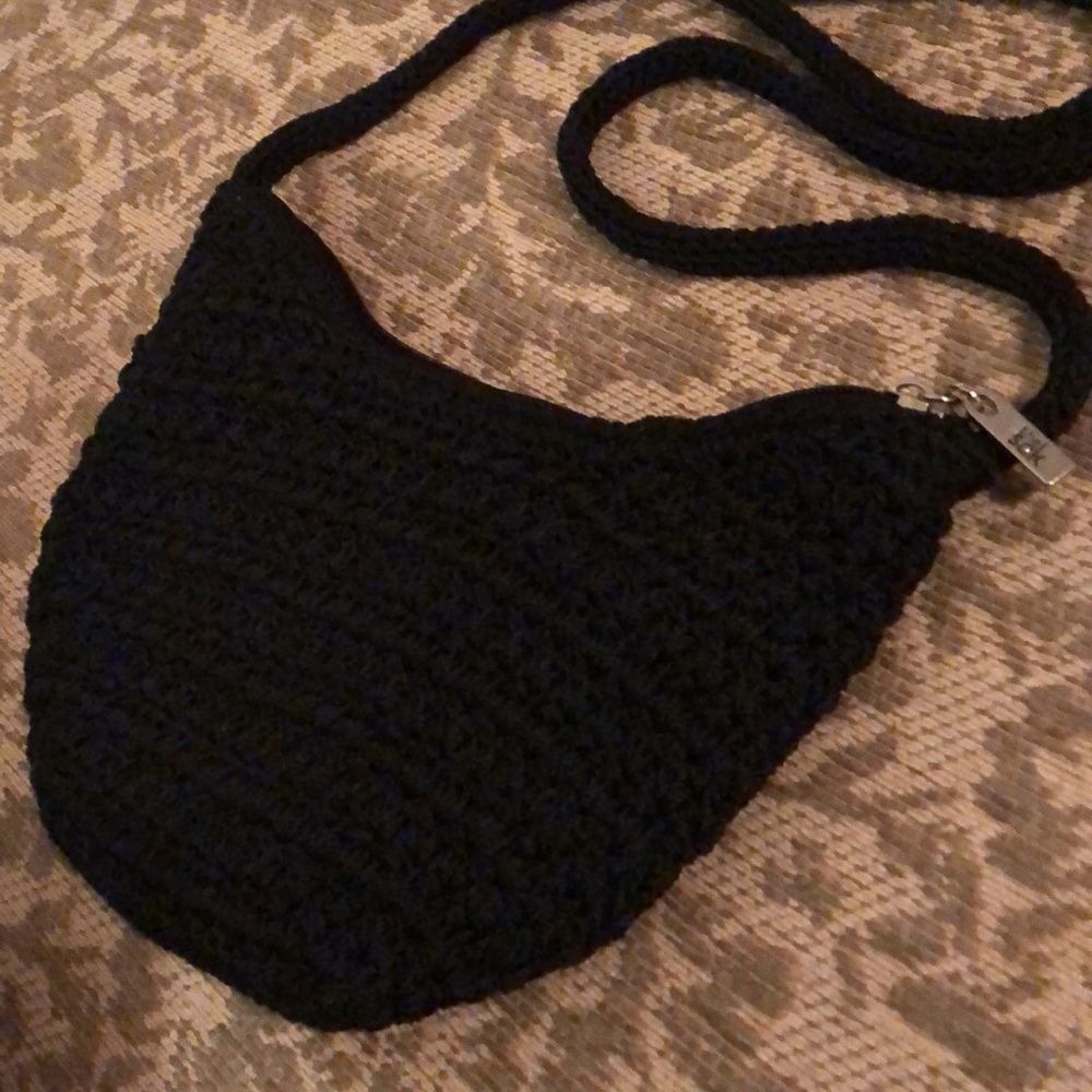 The Sak SmallBlack Crotchet with Silver Detail Periwinkle SatinLining  CrossBody